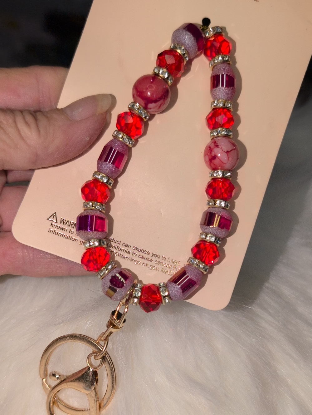 Beaded Red & Pink Wristlet Keychain Bag Charm